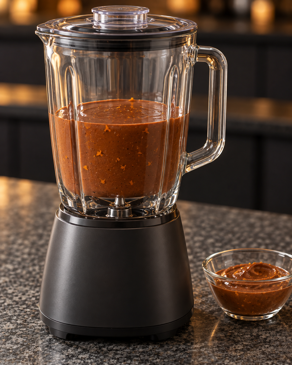 Chocolate-orange cream blended in a glass jar seated on its motor base