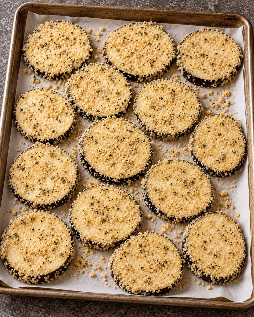Raw eggplant slices coated in almond flour, garlic powder and Italian seasoning laid in one layer on a parchment-lined baking sheet
