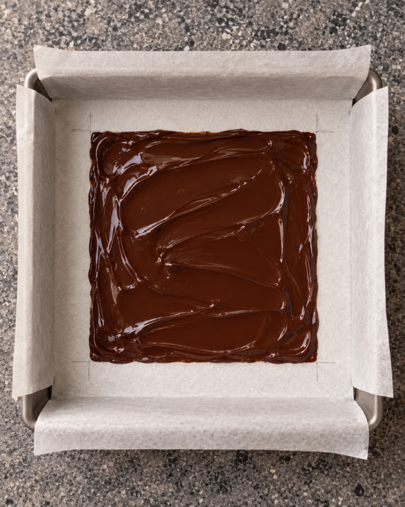 Melted dark chocolate spread into a marked 5x5-inch square on parchment paper in an 8x8-inch baking pan