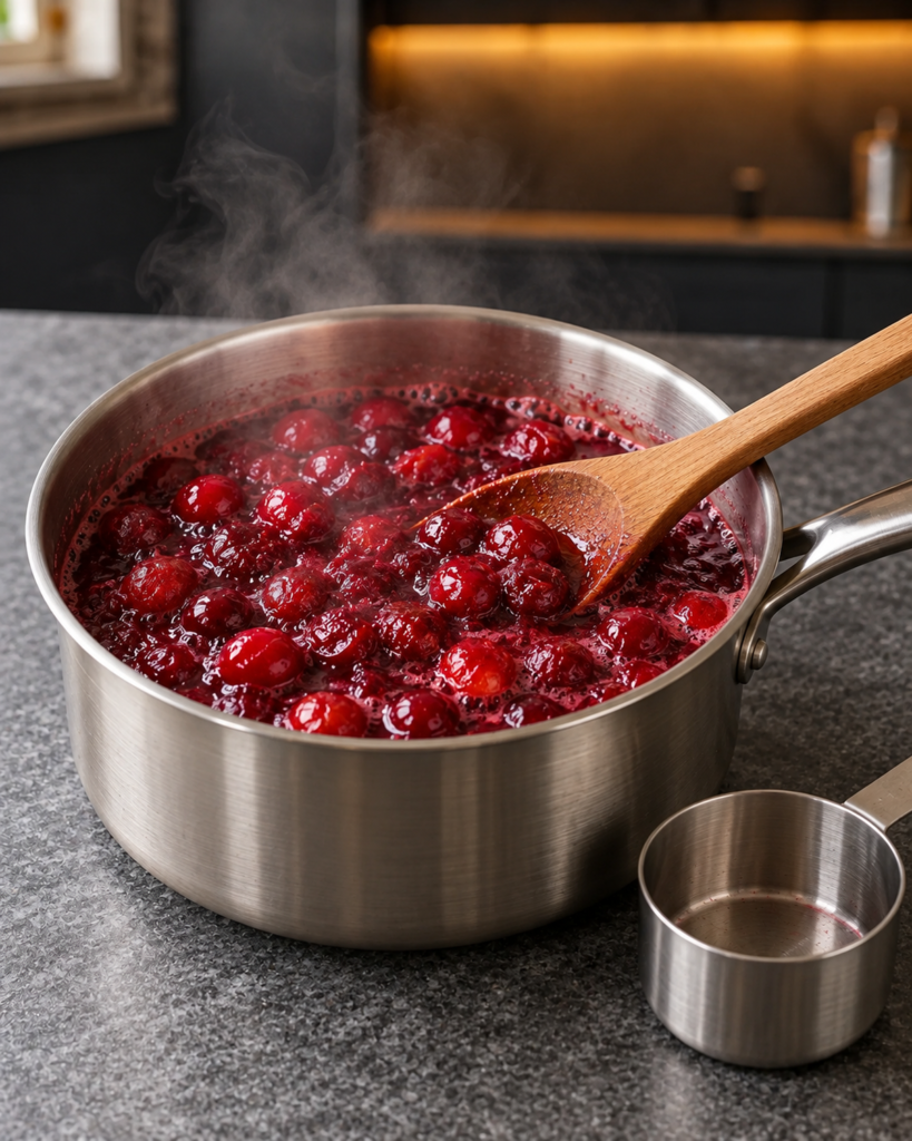 Fresh cranberries simmering in a small saucepan until the berries burst