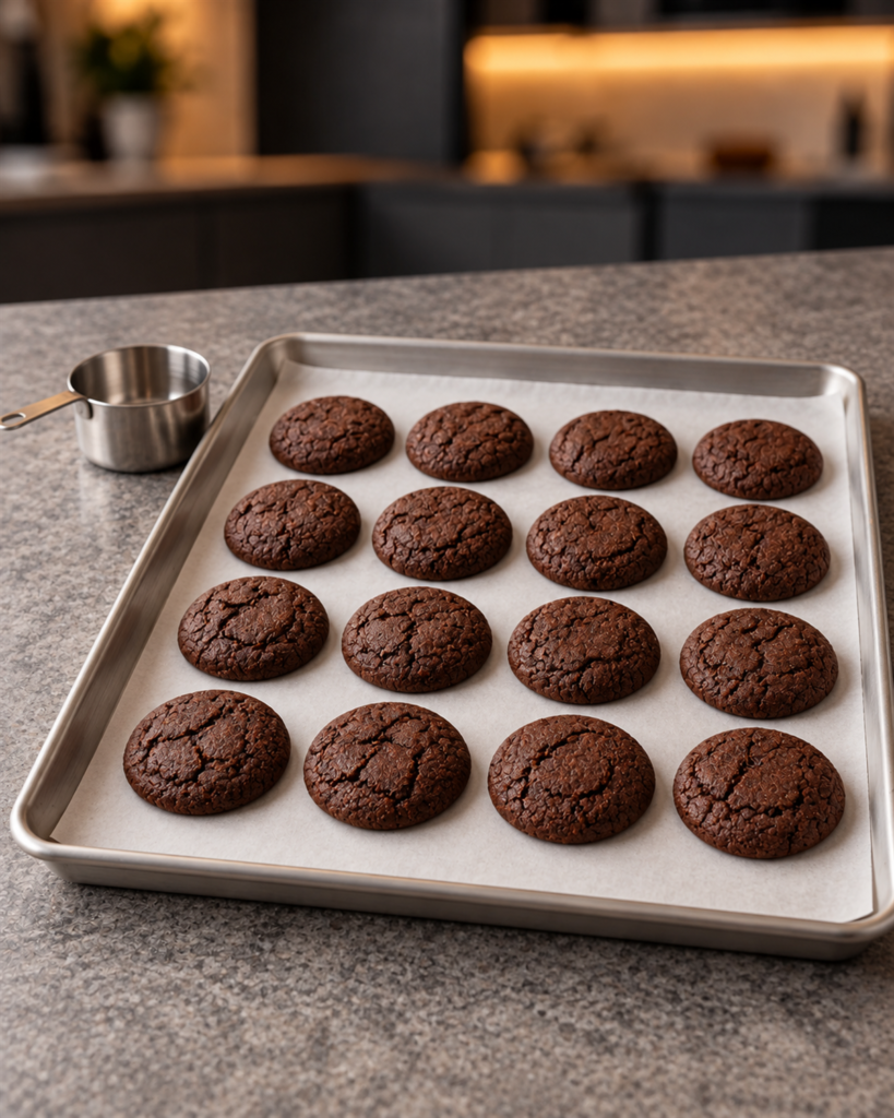 Sixteen cracked chocolate cookie rounds cooling on a parchment-lined baking sheet