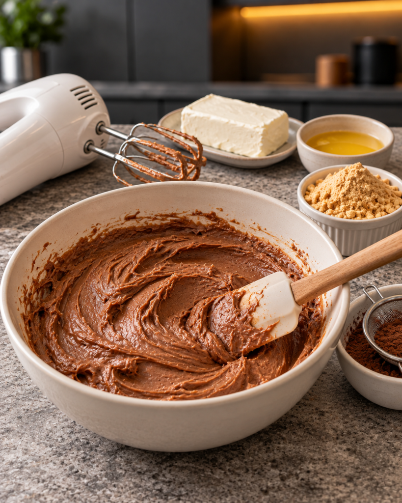 Cream cheese, melted butter and cocoa whisked into a bowl of chocolate fudge batter