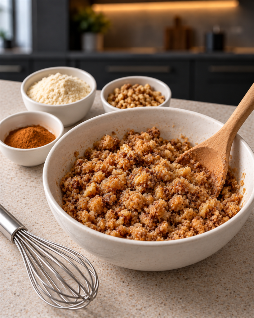 Streusel crumbs of almond flour, chopped walnuts and cinnamon stirred with melted butter in a white bowl