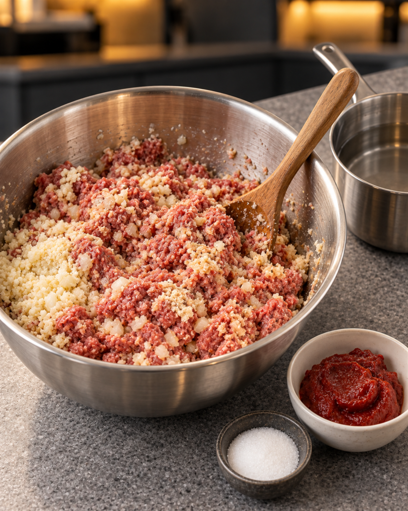 Ground beef, cauliflower and onion combined in a stainless mixing bowl