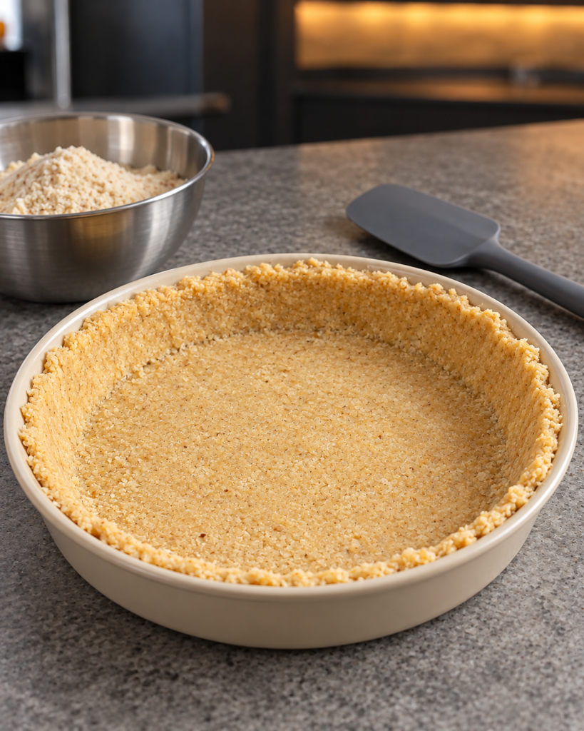 Raw almond flour crust pressed into the small pie pan