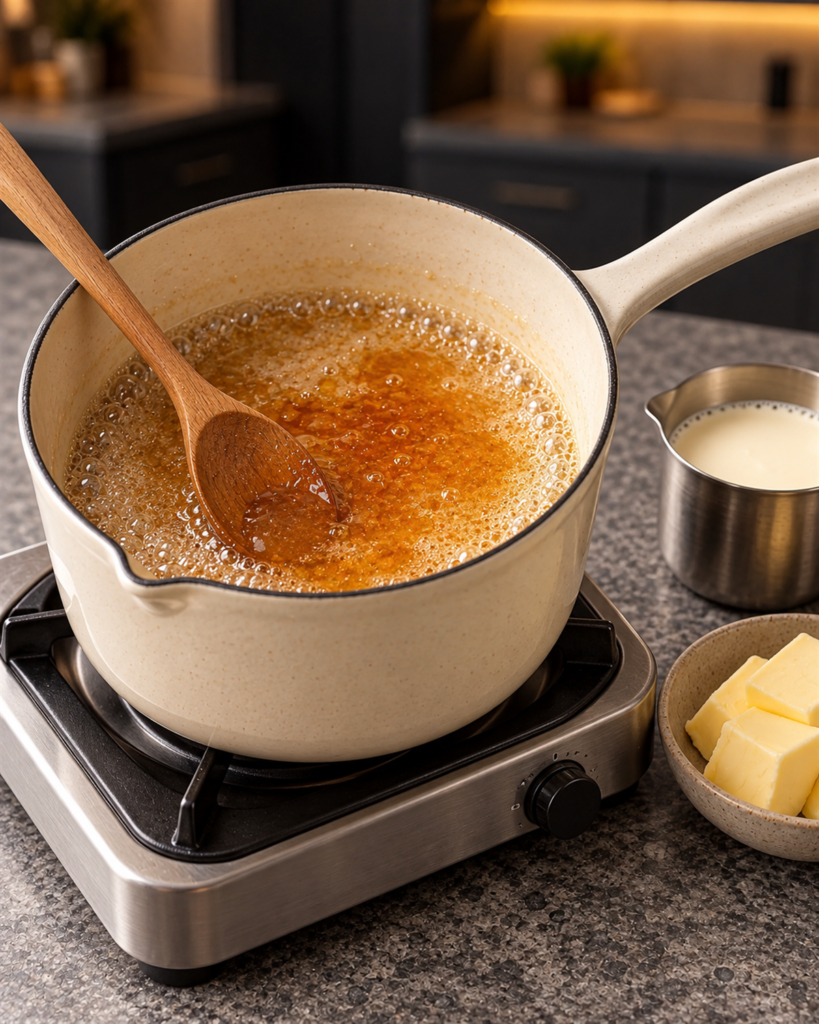Clear allulose syrup turning golden in a cream-colored saucepan