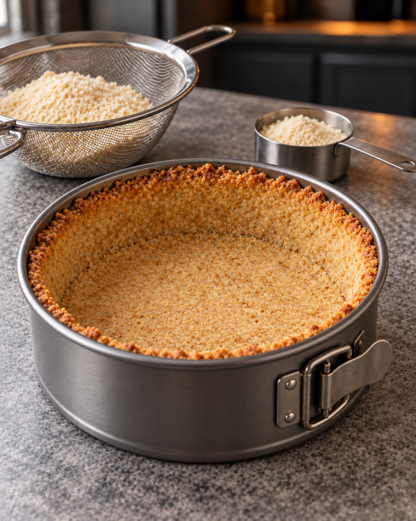 Golden almond crust pressed into a 6-inch springform and baked