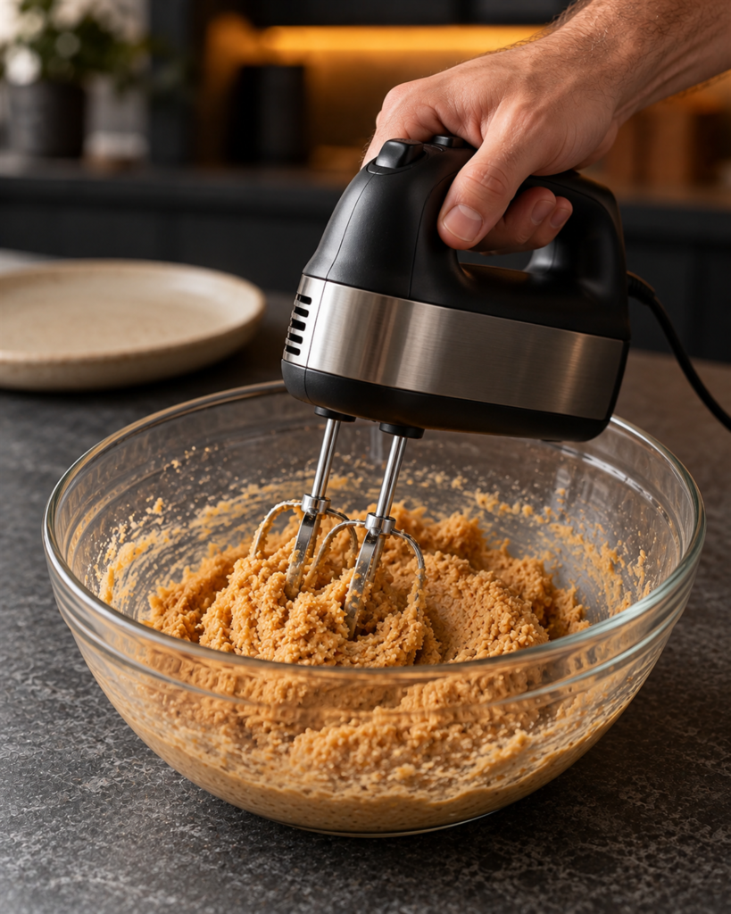 Hand mixer beating thick peanut butter dough in a glass bowl