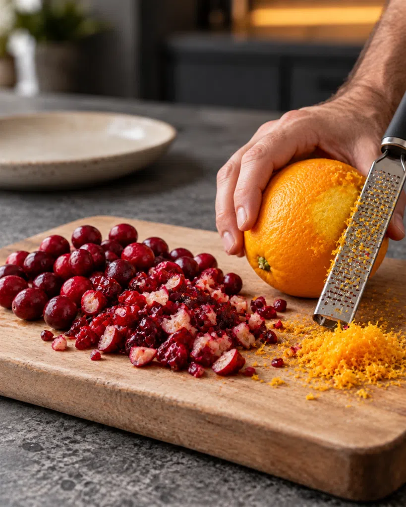 Fresh cranberries being chopped beside an orange being zested