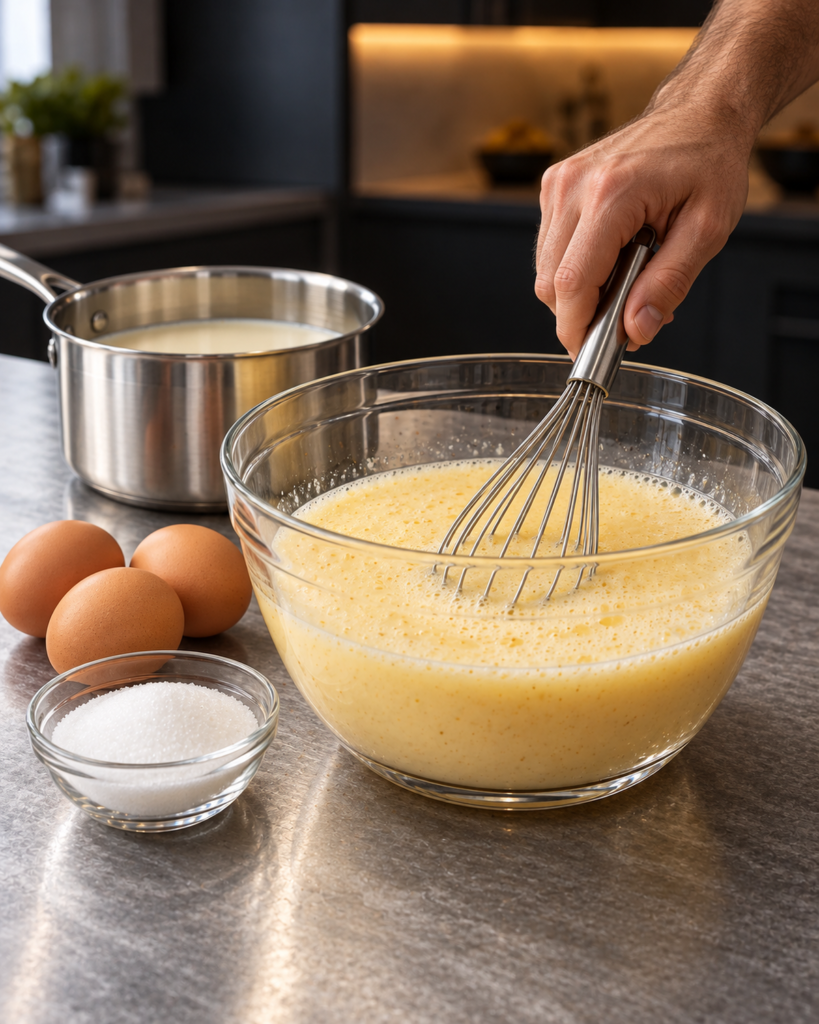 Eggs and allulose whisked pale beside a saucepan of almond milk