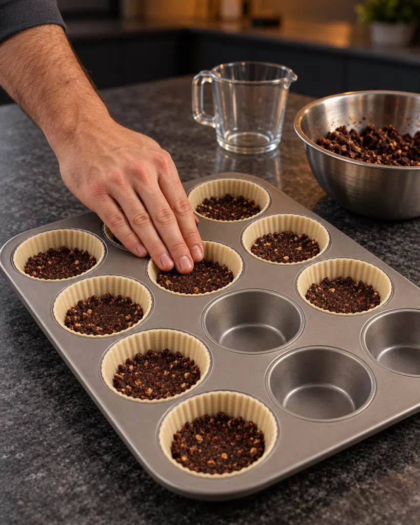 Chocolate almond crust pressed into eight silicone liners in a muffin pan