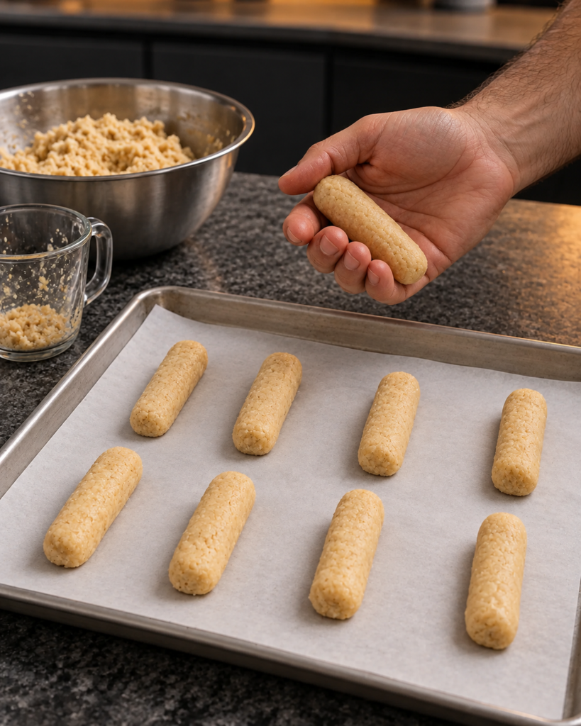 Soft finger-shaped dough pieces on a parchment-lined baking sheet