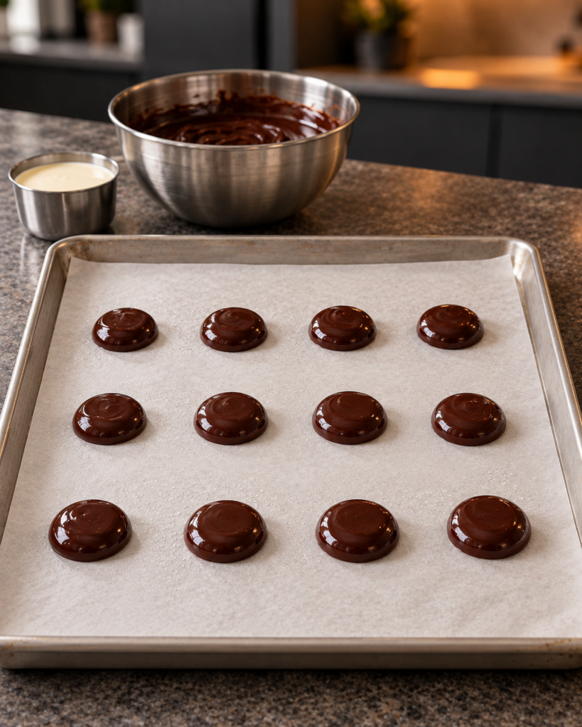 Twelve firm chocolate ganache dollops chilling on a parchment-lined tray