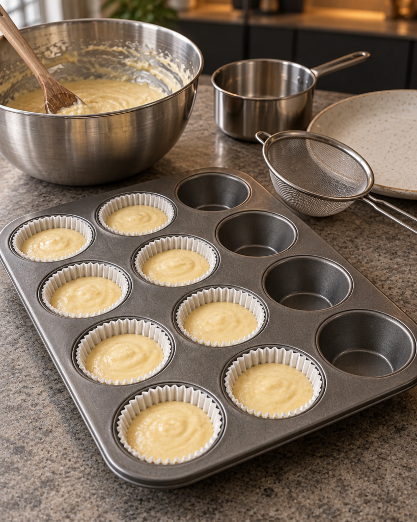 Cupcake batter filling eight paper liners two-thirds full in a muffin pan