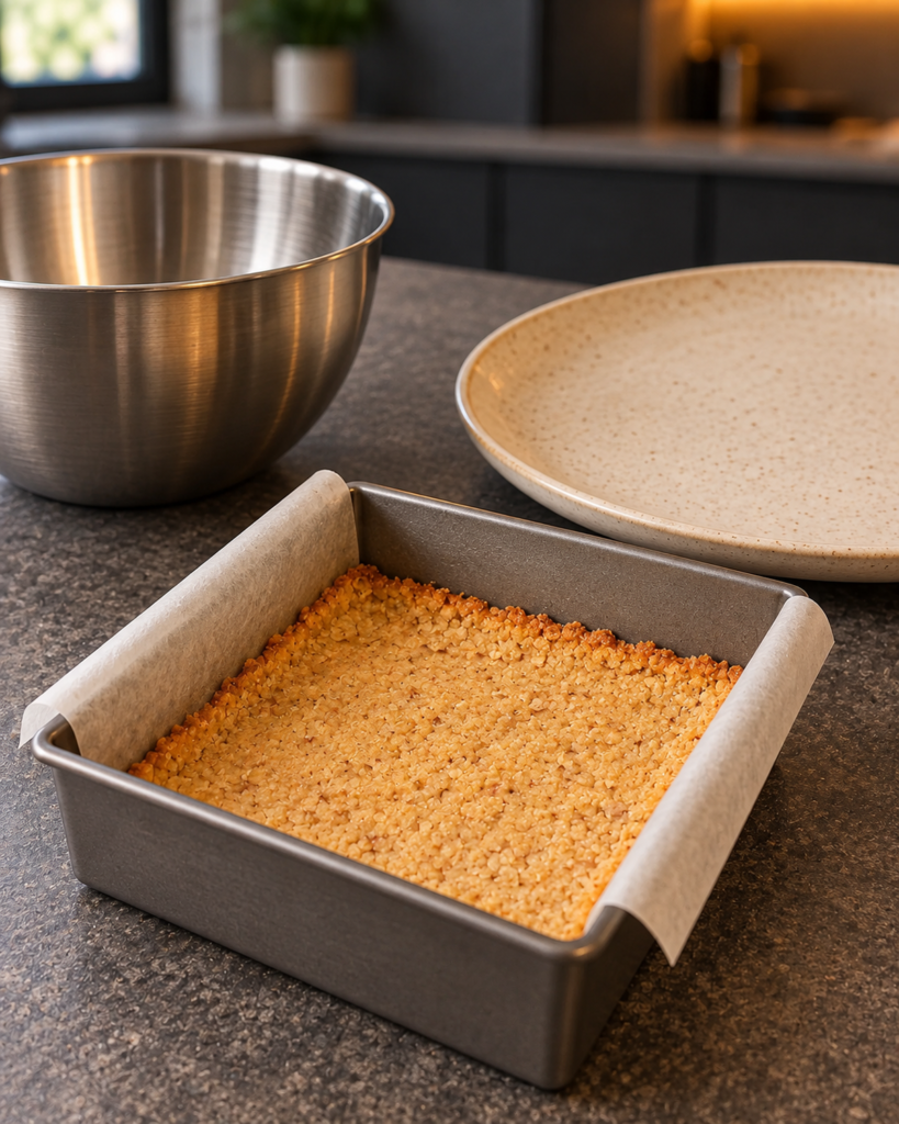 Thin almond flour crust pressed into a parchment-lined square baking pan