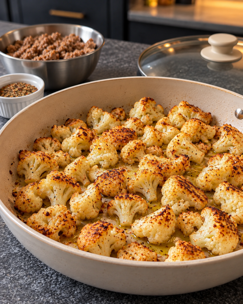 Cauliflower browning alone in the skillet beside the cooked turkey
