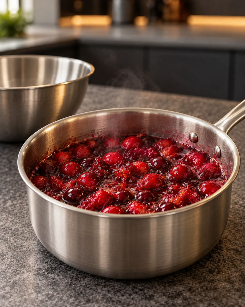 Cranberries bursting into a deep red sauce in a small saucepan