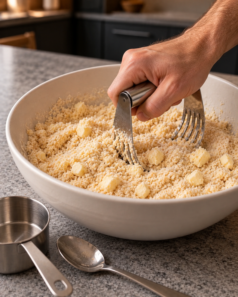 Cold butter cut into the almond flour mixture until coarse crumbs form in a white bowl