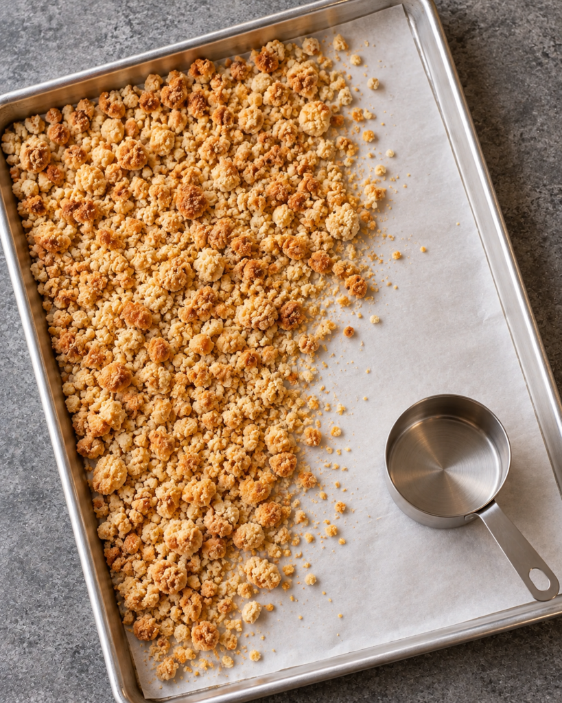 Golden almond shortcake crumble spread on a parchment-lined baking sheet after baking