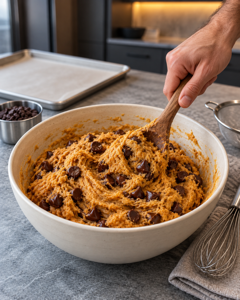 Thick orange pumpkin dough with chocolate chips being folded in a mixing bowl