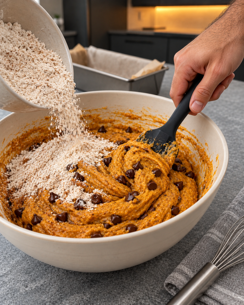 Thick orange pumpkin batter with chocolate chips folded in a bowl