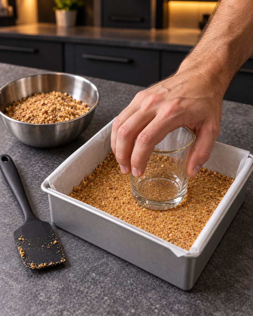 Roasted almond crumb crust pressed into a parchment-lined square pan