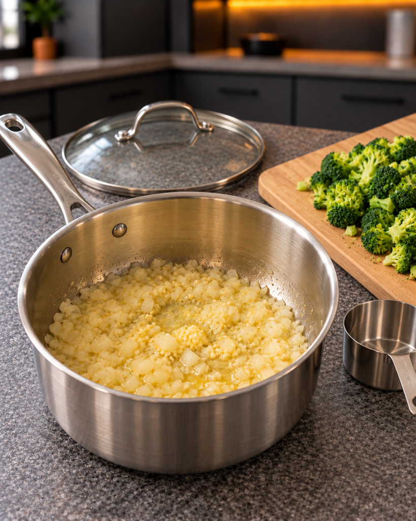 Diced onion and garlic softening in butter in a saucepan beside chopped broccoli