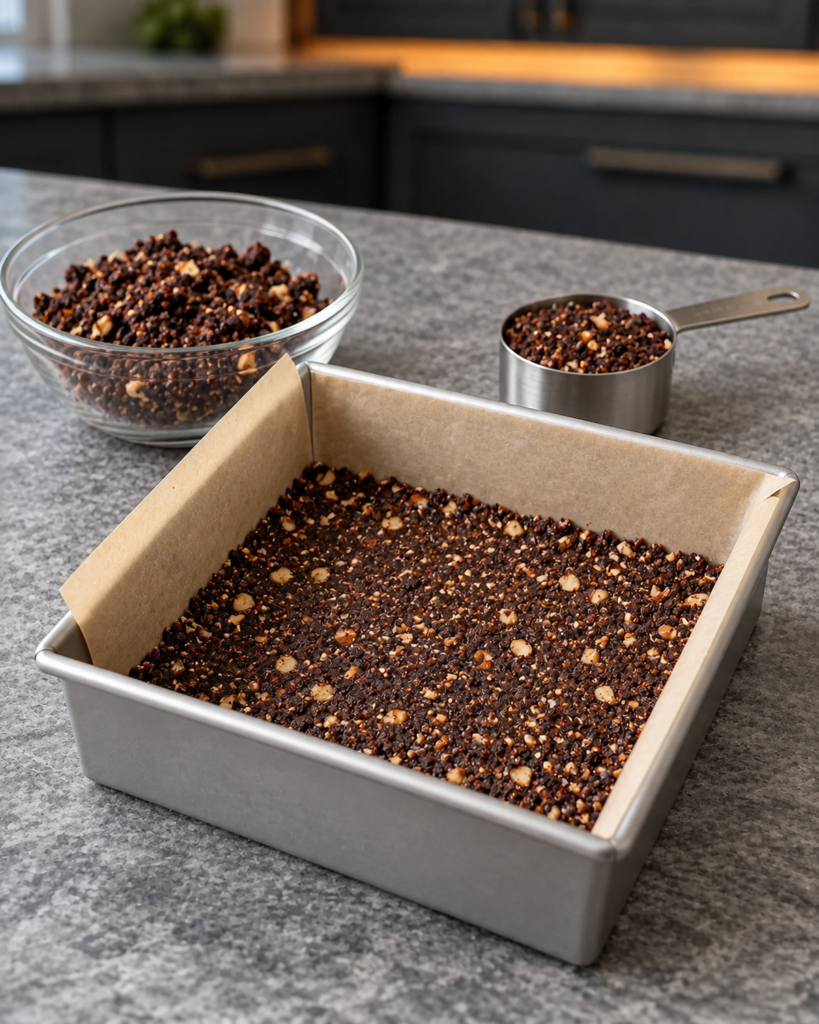 Chocolate almond crust pressed firmly into a parchment-lined square pan
