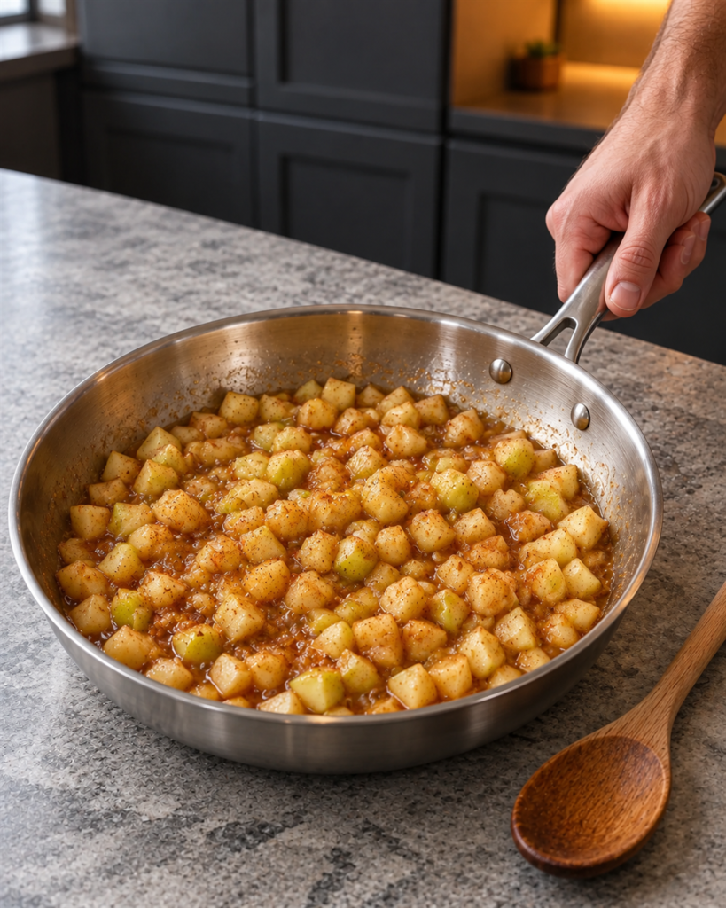 Diced Granny Smith apples simmering with cinnamon in a stainless steel skillet