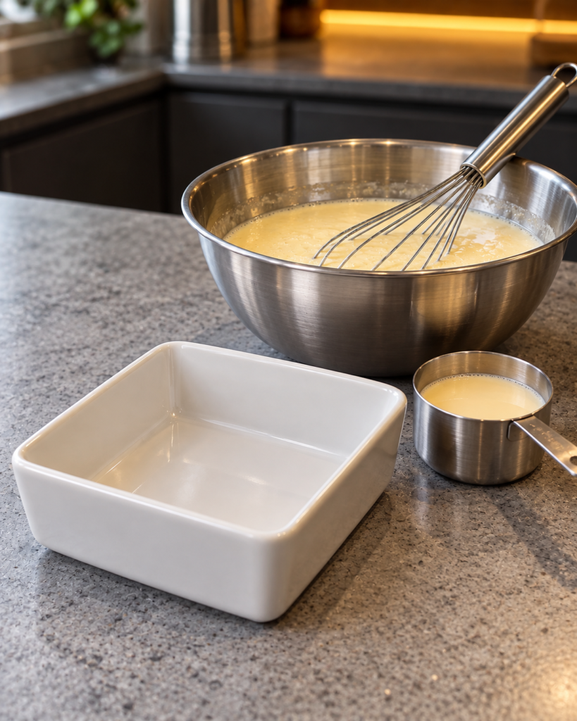 Whisking the yogurt custard base beside the small baking dish