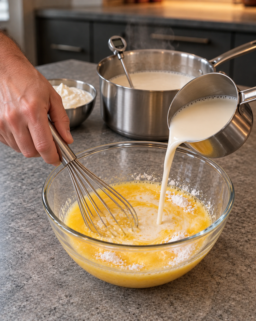 Whisking warm almond milk into egg yolks in a heatproof bowl with a thermometer in the saucepan