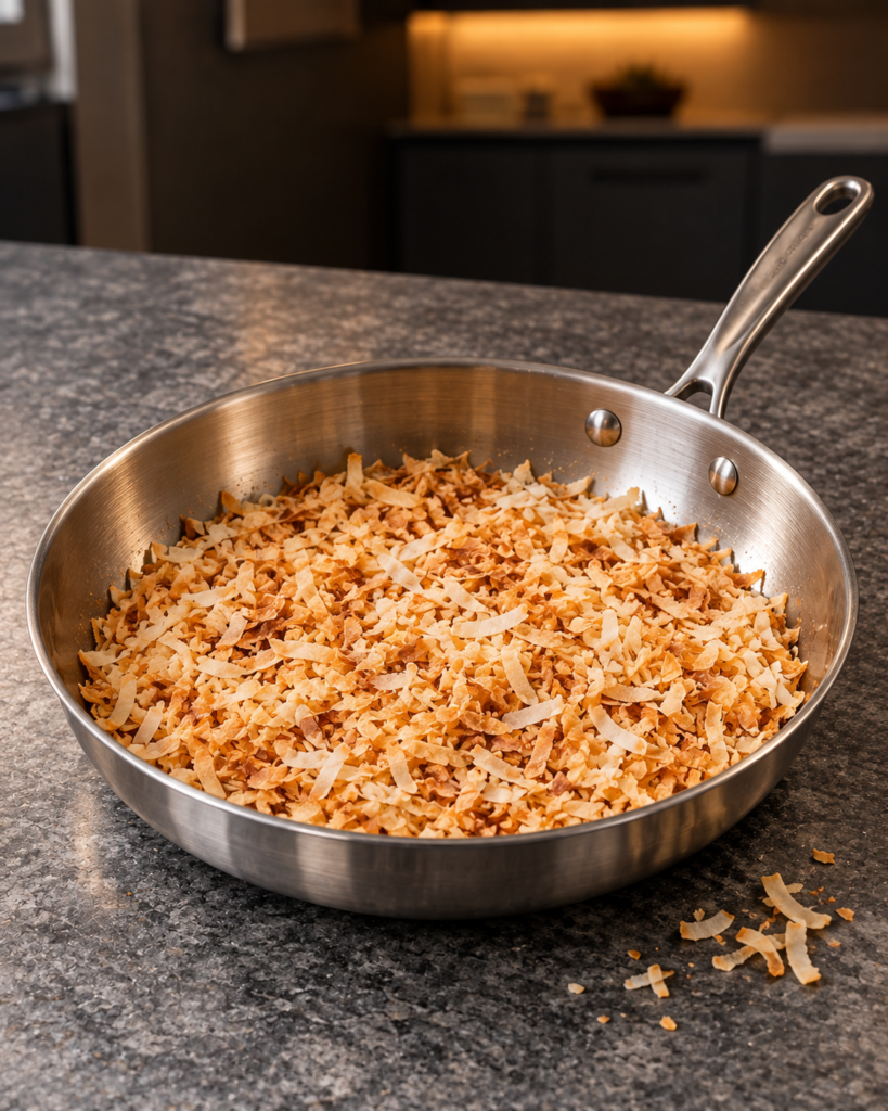 Unsweetened shredded coconut toasting in a dry stainless-steel skillet