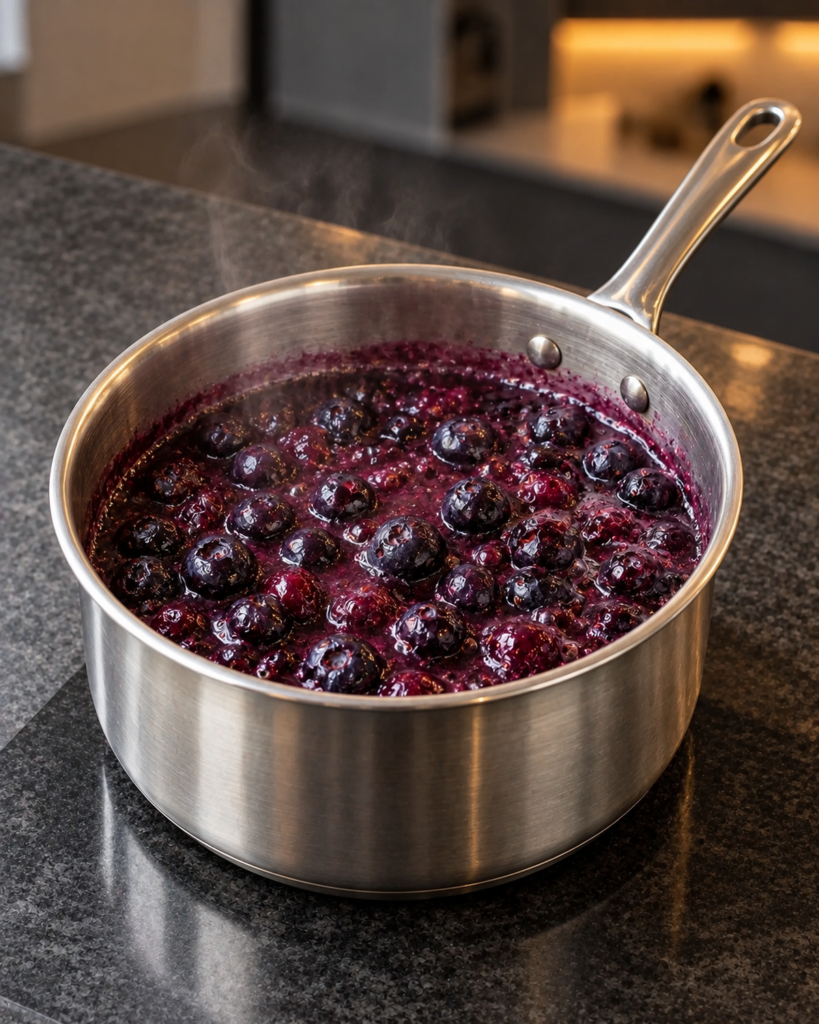 Blueberries simmering in a small stainless-steel saucepan with a glossy purple syrup