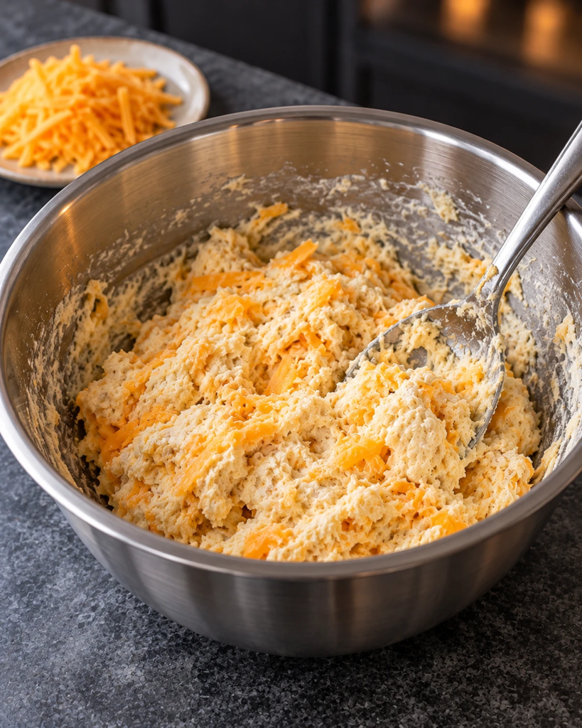 Thick biscuit dough with shredded cheddar being folded in a stainless-steel mixing bowl
