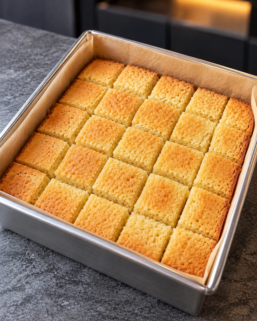 Baked almond flour sponge cut into three-quarter-inch cubes in a square baking pan