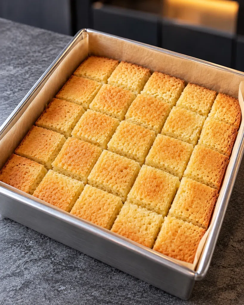 Baked almond flour sponge cut into three-quarter-inch cubes in a square baking pan