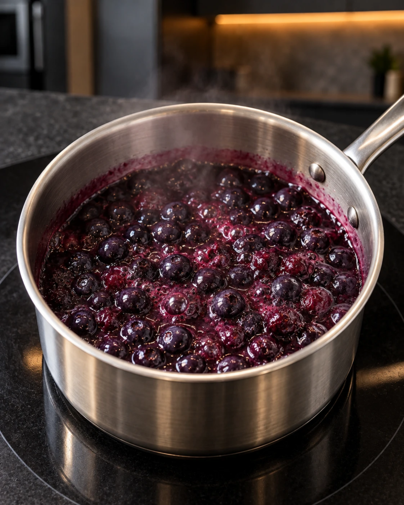 Whole blueberries simmering with allulose in a small stainless-steel saucepan