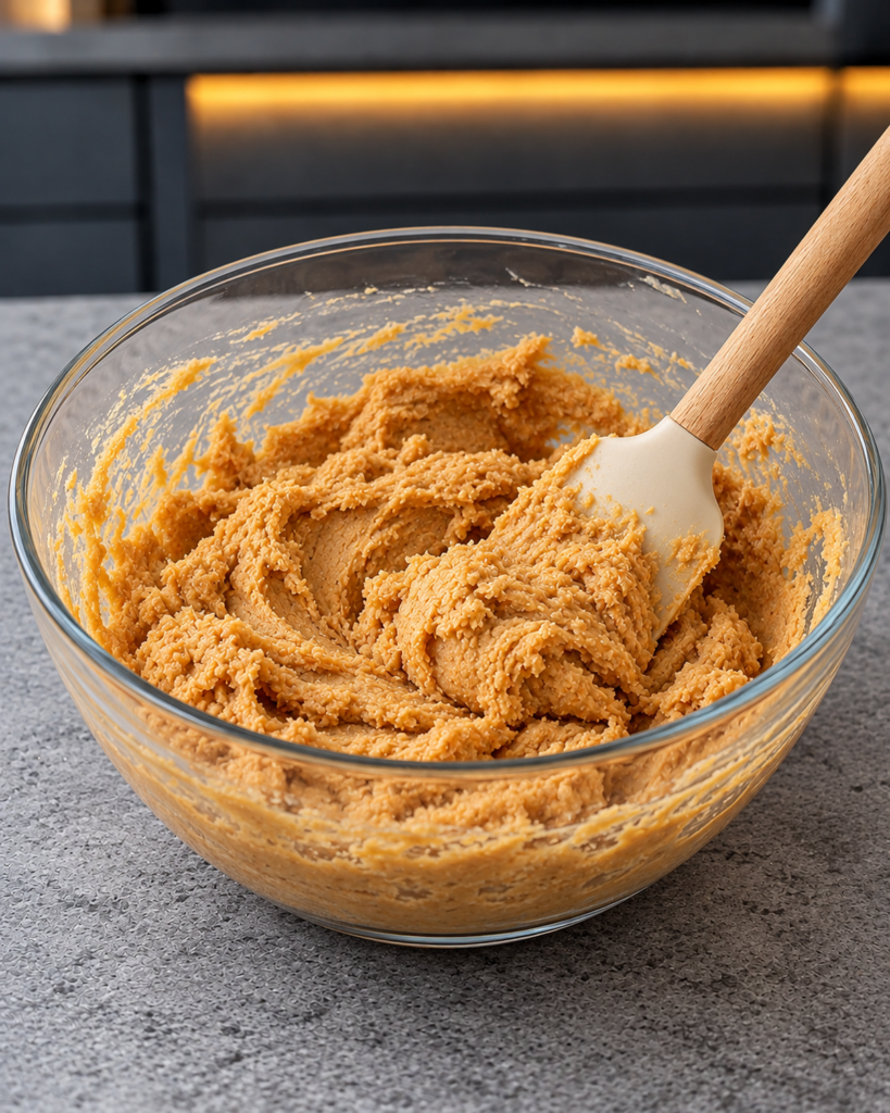 Peanut butter cookie dough being stirred in a glass mixing bowl