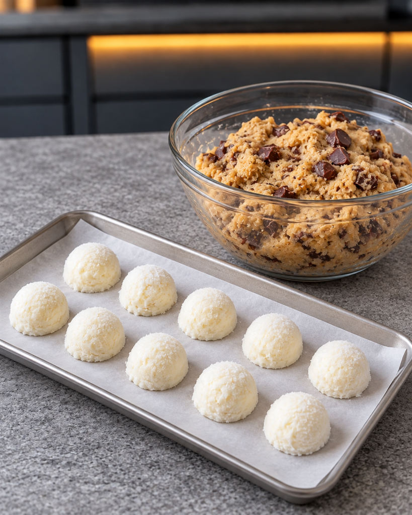 Frozen white cheesecake filling mounds beside chocolate cookie dough