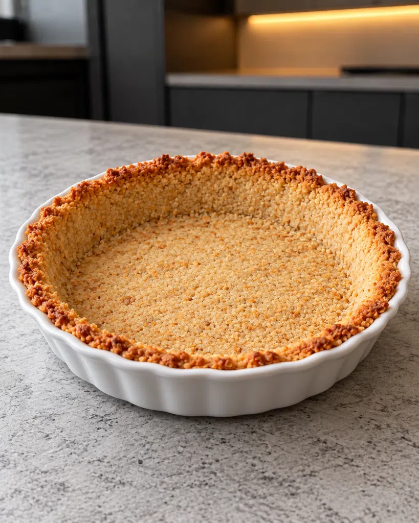 Empty thin almond flour crust baked in a 6-inch pie plate