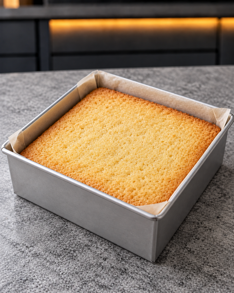 Pale vanilla almond flour cake cooling in a square metal pan