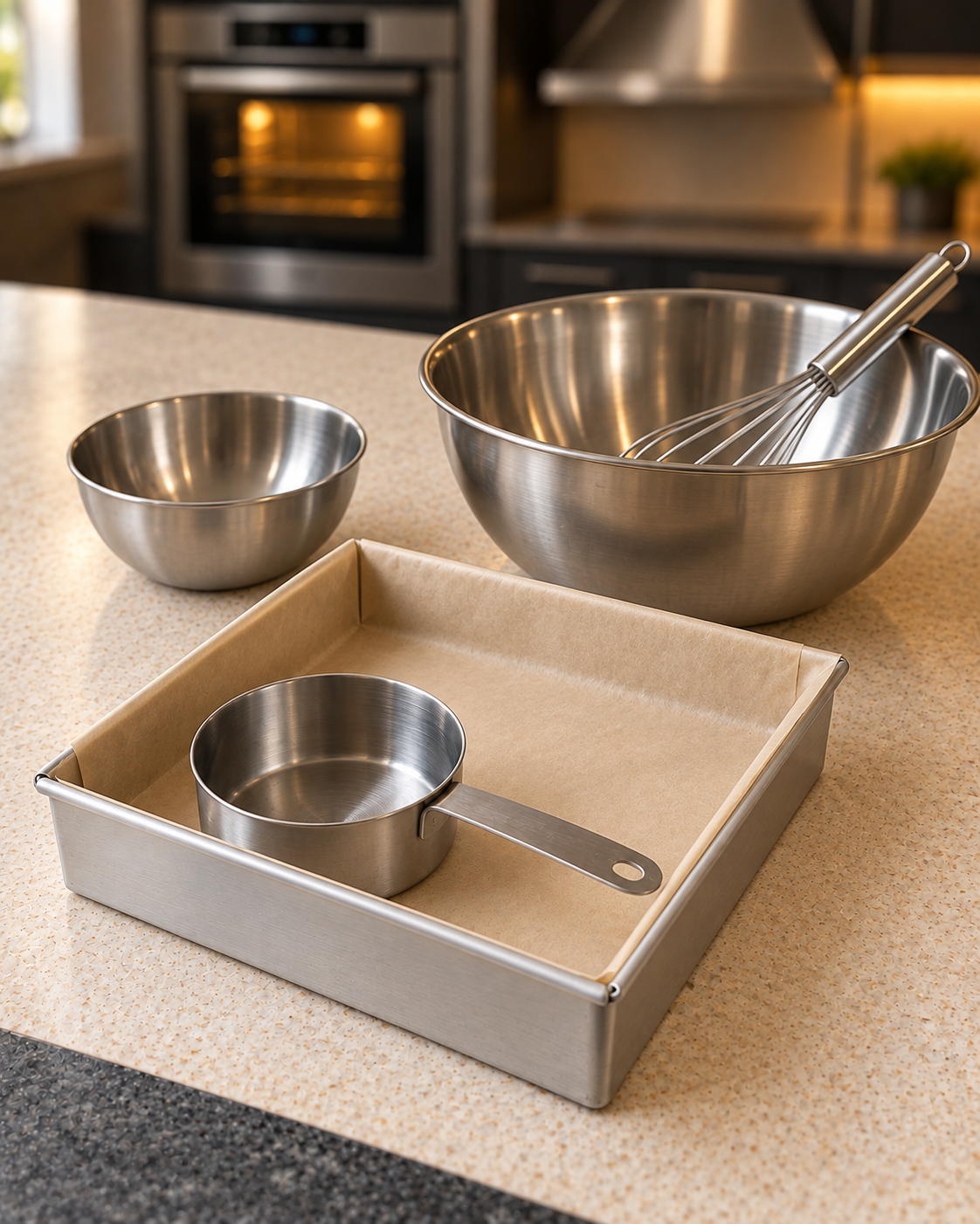 Parchment-lined square metal baking pan with a measuring cup on the kitchen counter