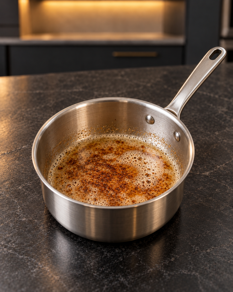 Browned butter foaming with toasted milk solids in a saucepan