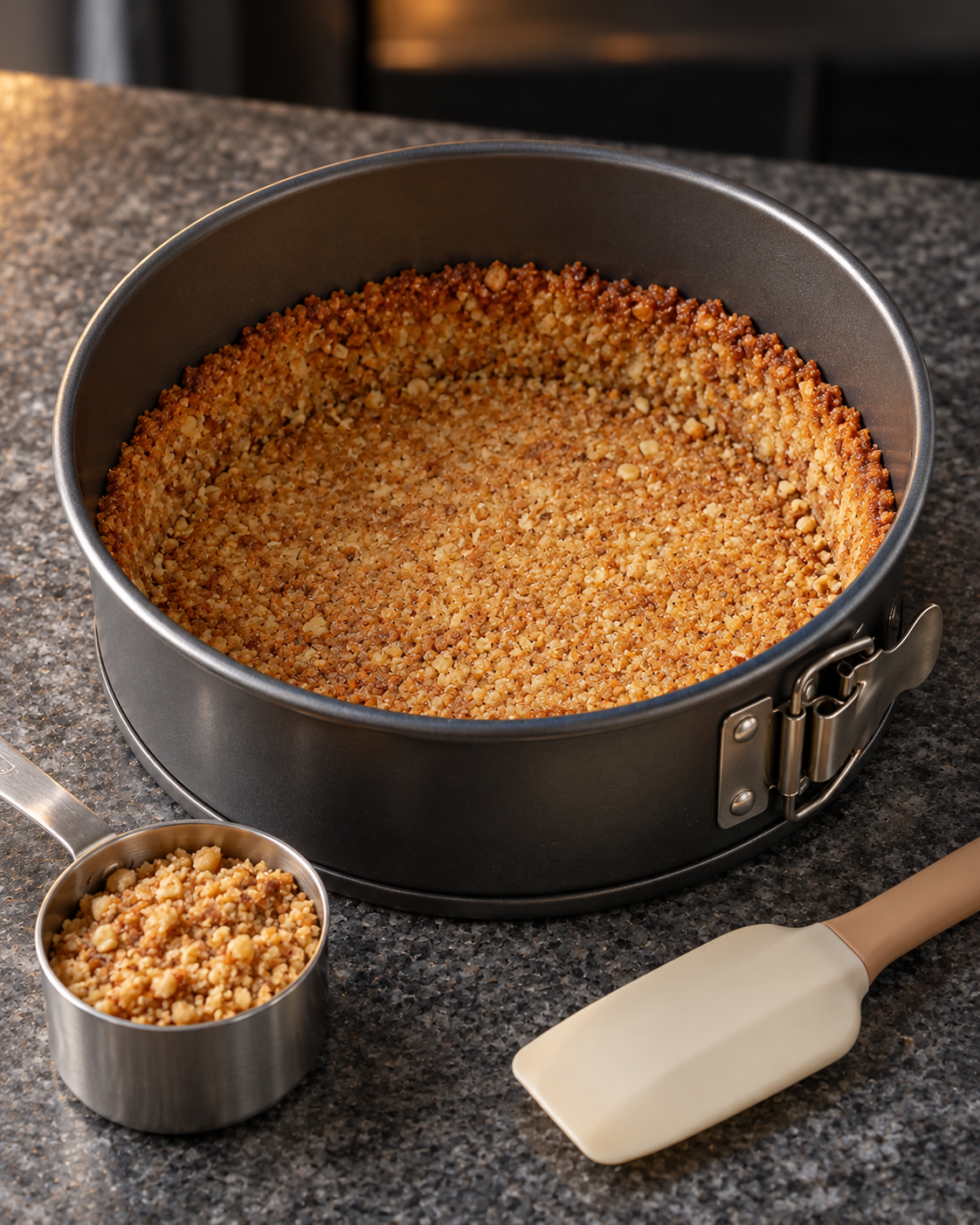 Golden almond crust pressed in a 7-inch springform pan before the filling is added