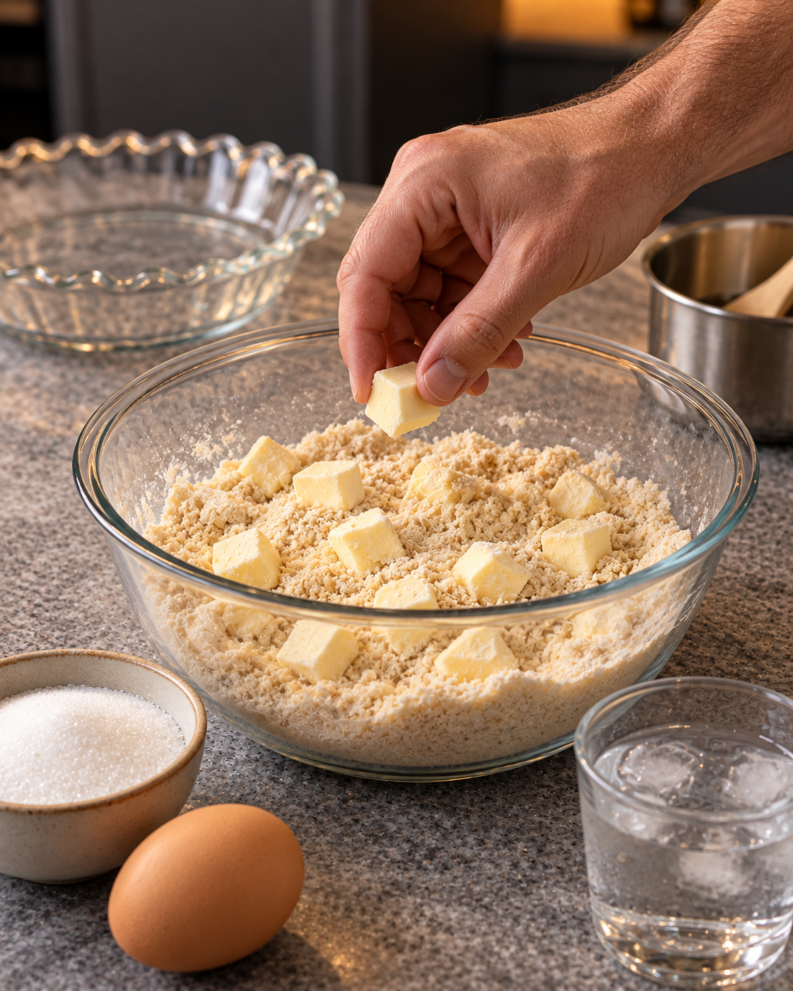 Hands cutting cold butter into almond flour crust mixture in a glass bowl