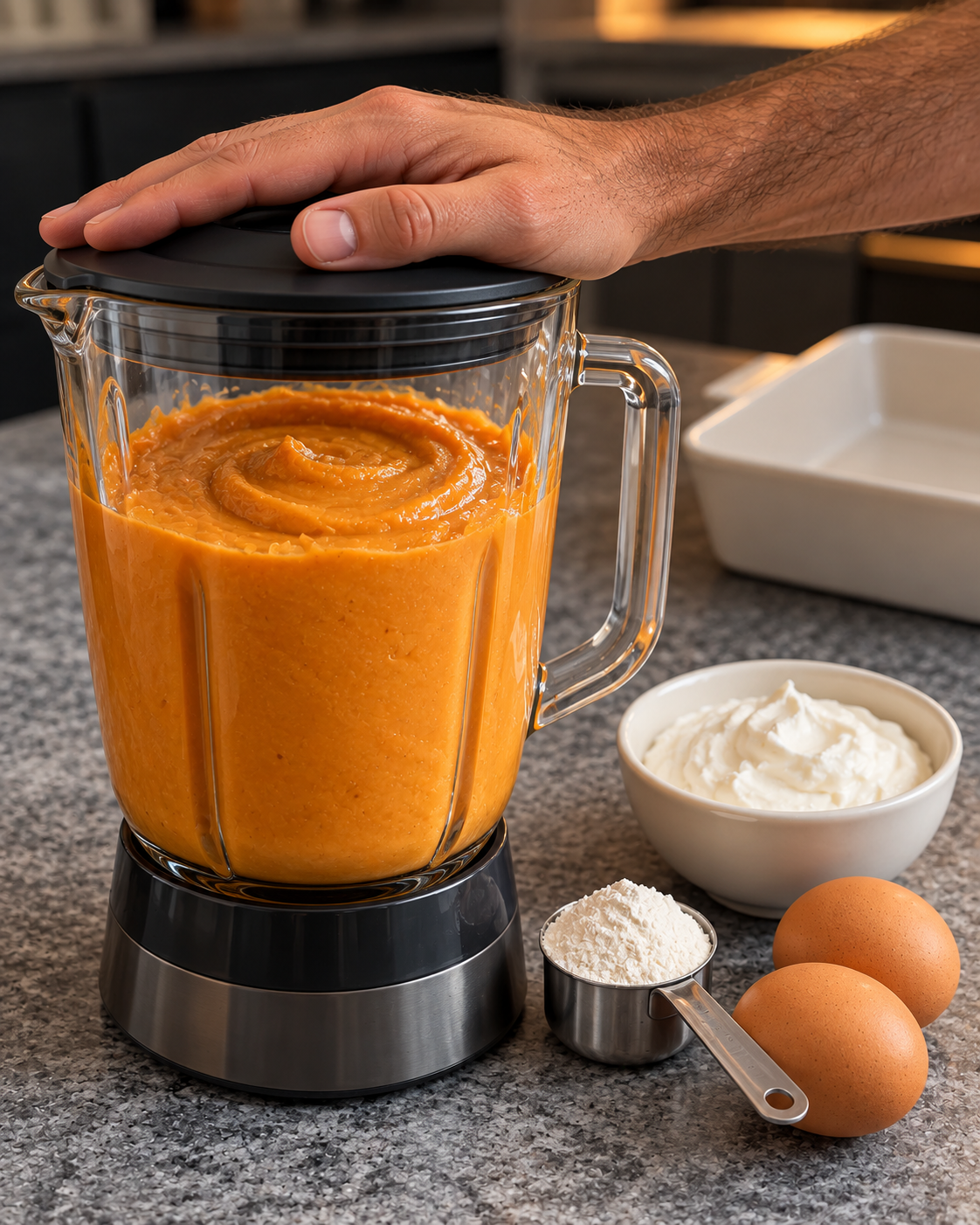 Blended warm orange sweet potato and cauliflower puree in a countertop blender