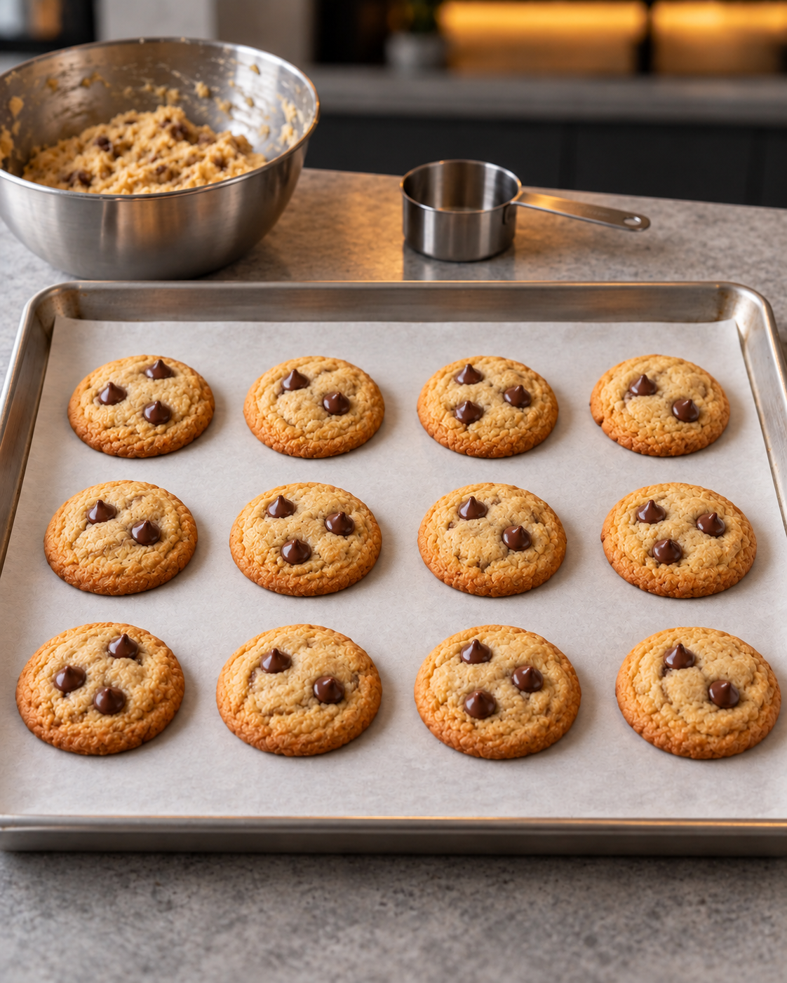 Twelve baked sugar-free chocolate chip cookies with golden edges and melted chips on a rimmed baking sheet