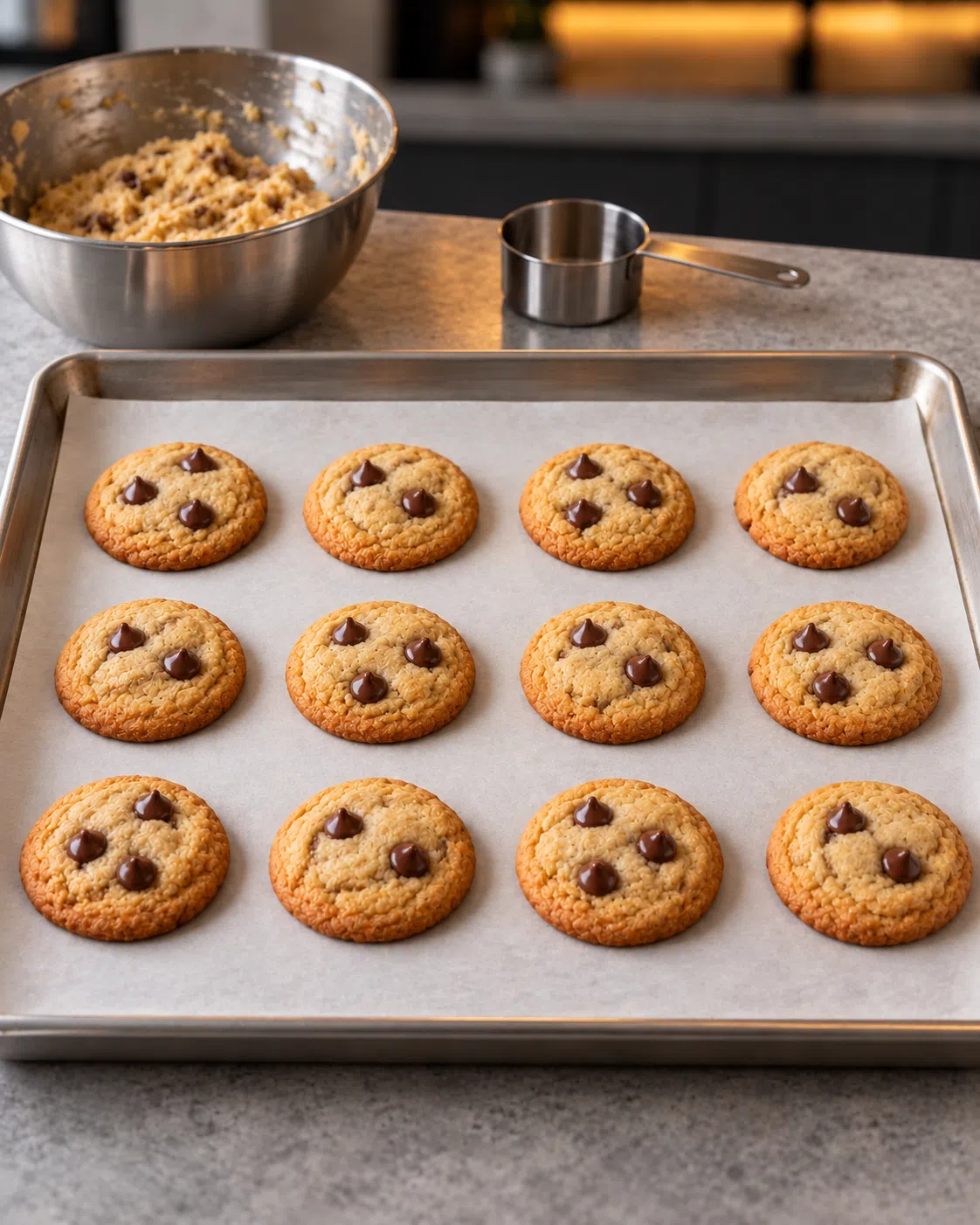 Twelve baked sugar-free chocolate chip cookies with golden edges and melted chips on a rimmed baking sheet