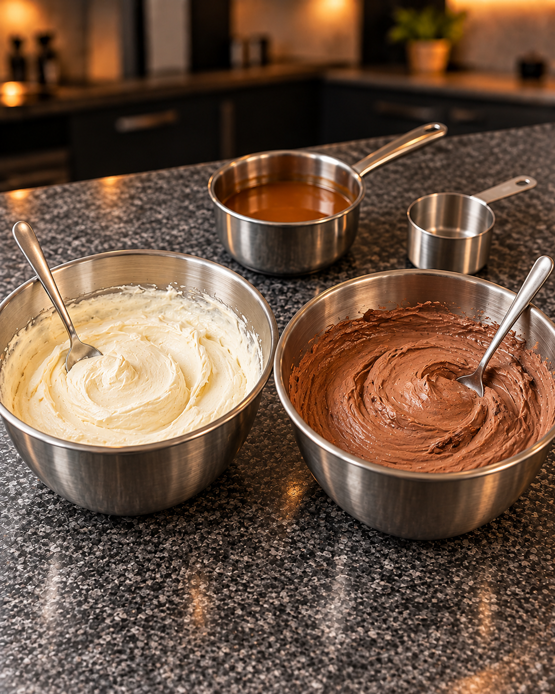 Plain and chocolate cheesecake cream in two stainless mixing bowls beside the caramel saucepan
