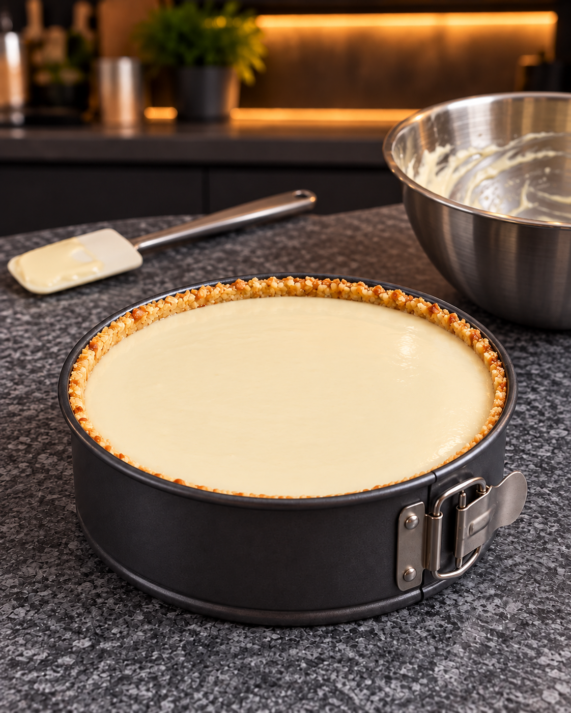 Smooth ivory cheesecake filling poured into the thin crust in the springform pan